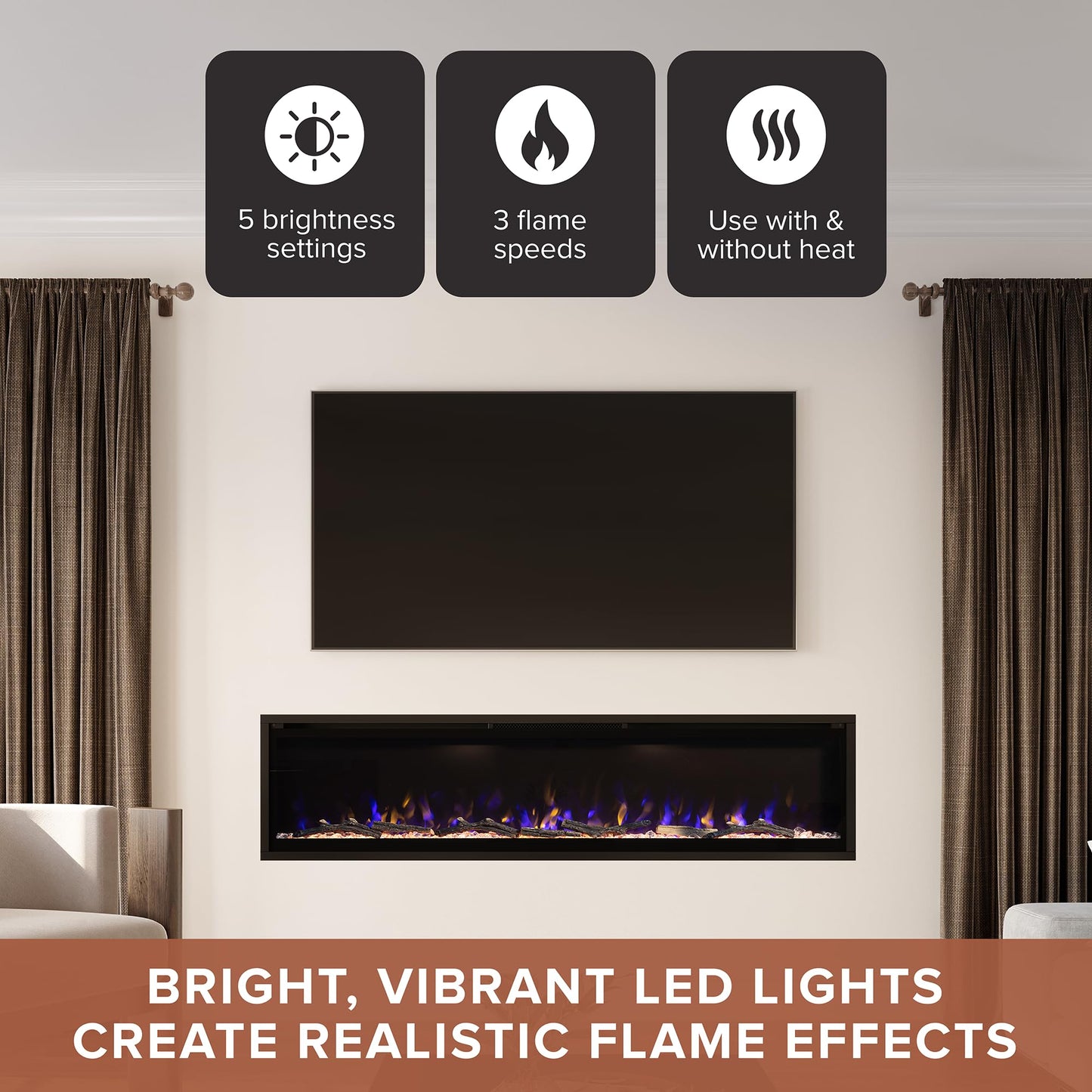 Modern Ember Aerus 72 Inch Smart Linear Electric Fireplace - Recessed in-Wall and Wall-Mount, Multiple Flame Colors, Compatible with Alexa and Google Assistant, Black