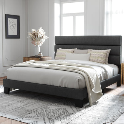 Allewie King Bed Frame Platform Bed with Fabric Upholstered Headboard and Wooden Slats Support, Fully Upholstered Mattress Foundation/No Box Spring Needed/Easy Assembly, Dark Grey