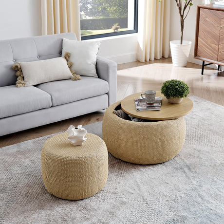 Round Ottoman with Storage Set of 2, 25" Large Upholstered Storage Ottoman Set Coffee Table with Removable Wood Tray, Modern Circle Foot Stool Padded Bench Ottomans for Living Room (Natural) TTK