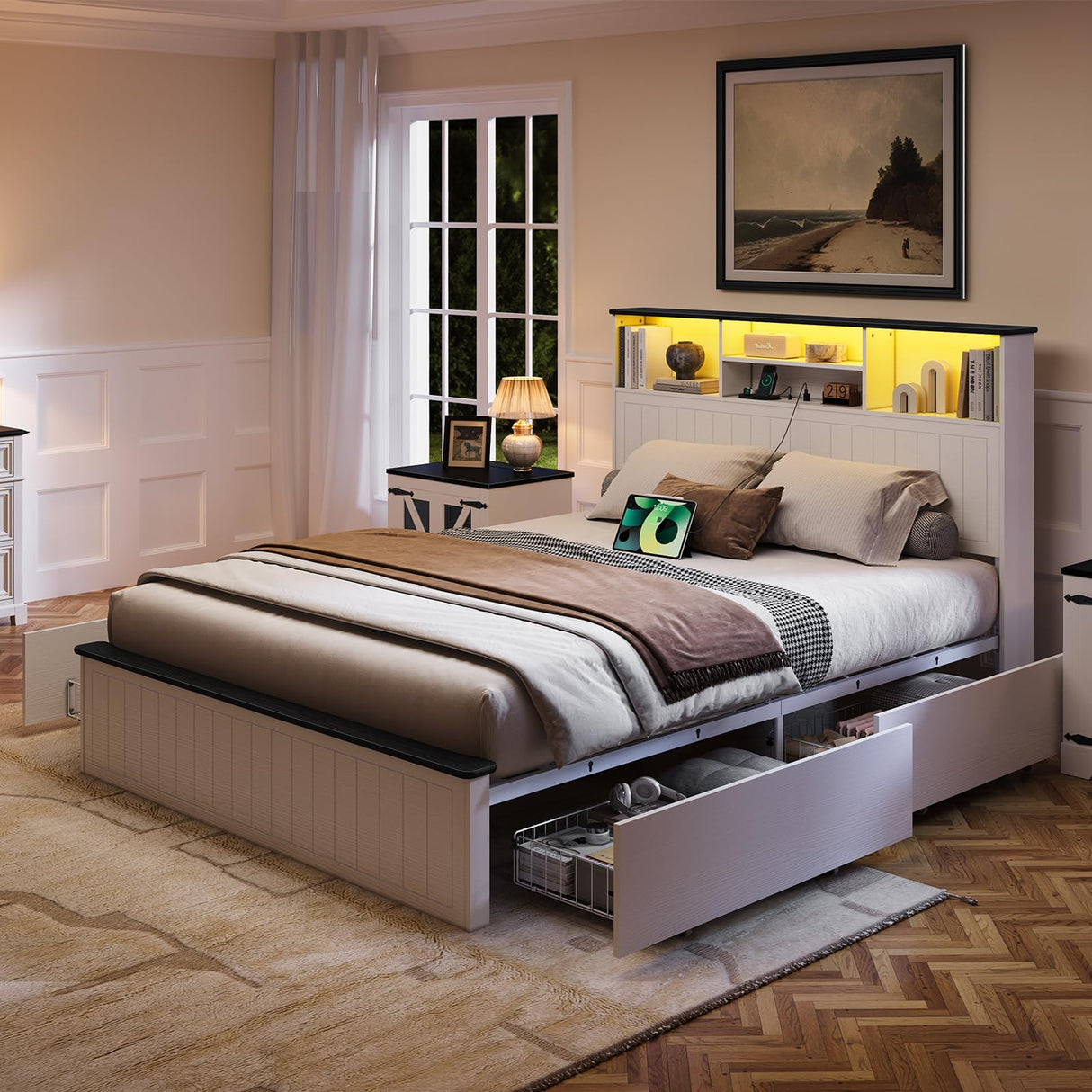 Yoobure Queen Bed Frame with Headboard - Farmhouse Wood Bed Frames Queen Size with 4 Storage Drawers, Platform Beds with Charging Station & LED Light, No Noise Double Bedframe, No Box Spring Needed Yoobure