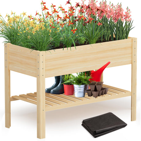 Highpro Wooden Raised Garden Bed with Legs, 48x24x30in Elevated Planter Box Stand Outdoor with Large Storage Shelf and Bed Liner for Backyard, Patio, Natural Cedar Wood Highpro