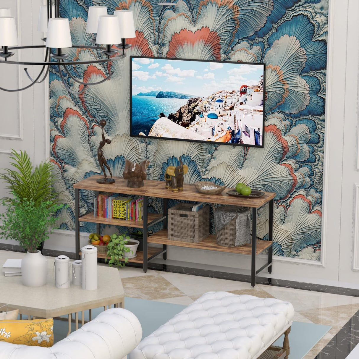 55 Inch TV Stand for TVs up to 70 Inch TV, Modern Entertainment Center with Open Storage Shelves, TV Media Console Table for Living Room, Rustic Brown CJMM