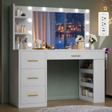 DWVO Vanity Desk with Mirror, Large Makeup Table with Power Outlets, 11 LED Bulbs, 3 Adjustable Light Modes, 4 Drawers and Built-in Shelves, Hollywood Dressing Vanity Desk Set for Bedroom, White DWVO