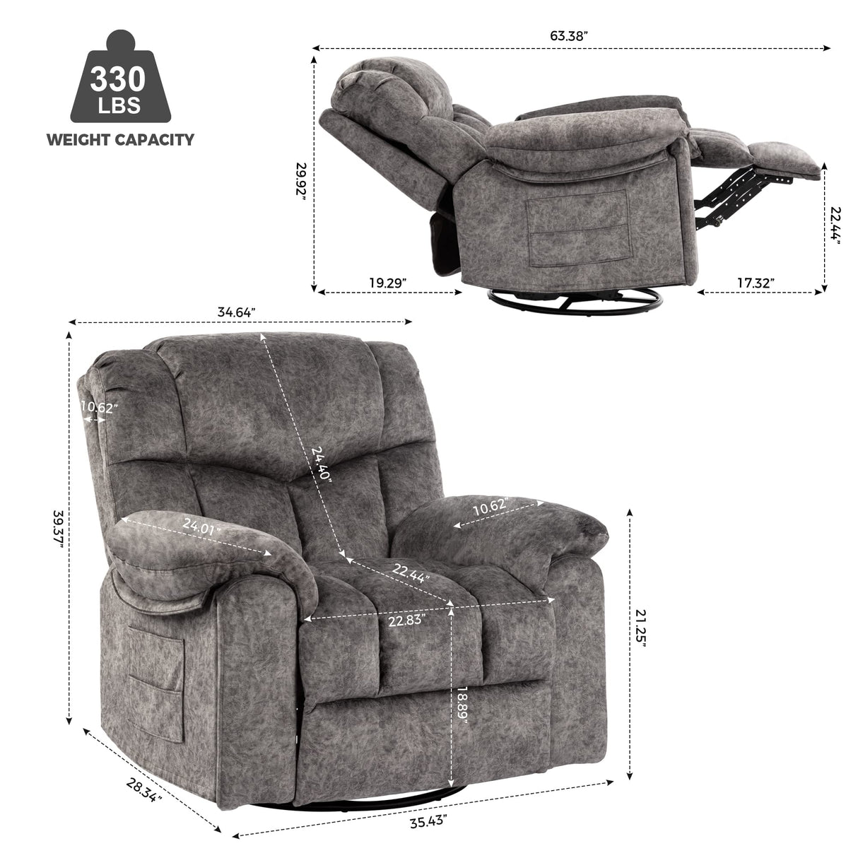 YI DANICA Recliner Chair with Swivel Glider Base for Living Room, Overstuffed Rocker Recliner with Foldable Armrest & Hidden Cup Holder, Manual Lounge Chair with 330lbs Capacity (Modern Style, Gray) YI DANICA