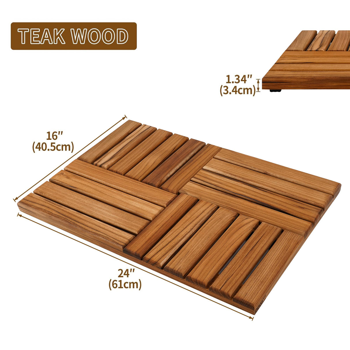 Utoplike Teak Wood Bath Mat, Wooden Shower Mat for Bathroom, 24 x 16 inch Non Slip Wood Floor Sturdy Mat for Inside Shower Luxury Spa Home or Outdoor Utoplike
