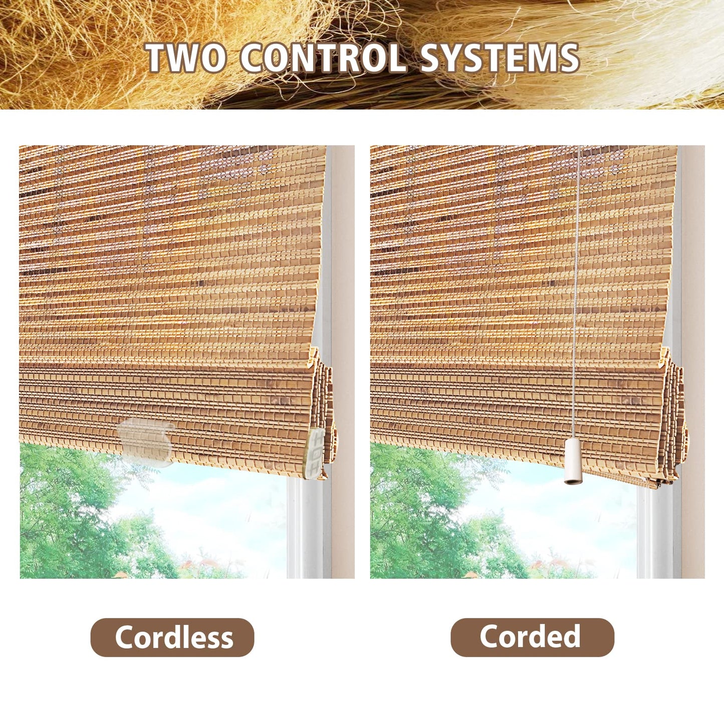 SUAKY Cordless Blackout Bamboo Roman Shades - Customisable 100% Natural Linen Window Blinds, Color 1