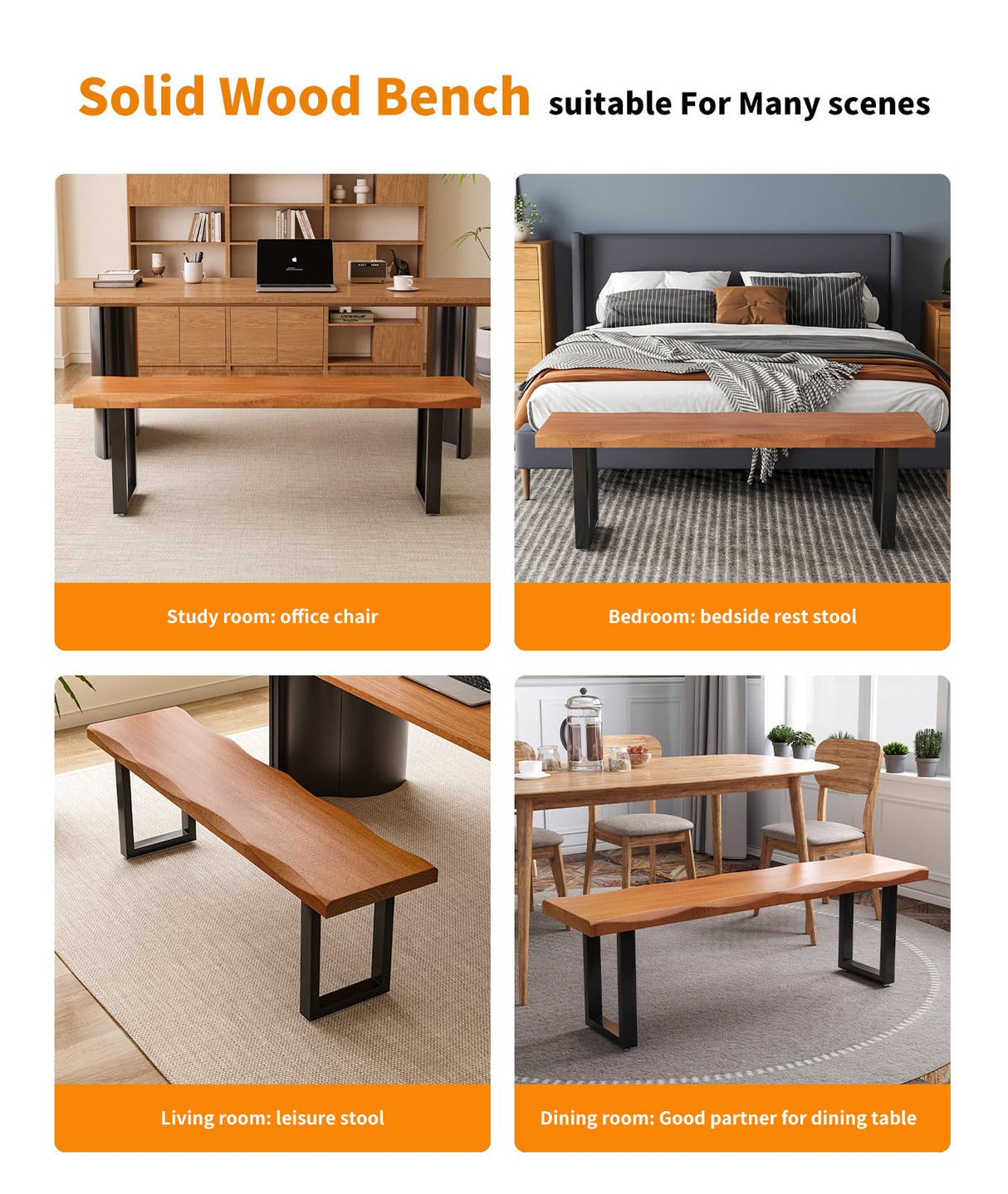 FKCSV Modern Rustic Solid Wood Bench with Black Metal Legs, Industrial Farmhouse Style, Natural Wood Finish FKCSV