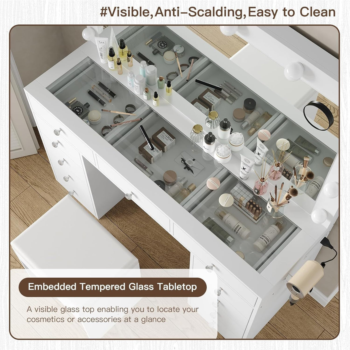 FUSOU Vanity Desk with Power Outlet, Makeup Vanity with Mirror and 12 LED Lights, 3 Lighting Modes,11 Drawers Vanity Table with Chair, Glass Top, Dressing Table for Bedroom,Dressing Room (White) FUSOU