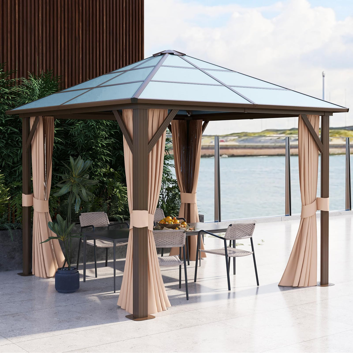 Aoxun 10' x 10' Gazebo Single Polycarbonate Roof, Outdoor Aluminum Frame Everlasting Pergolas with Netting and Curtains, for Backyards, Patios, Parties, Gardens and Lawns Aoxun