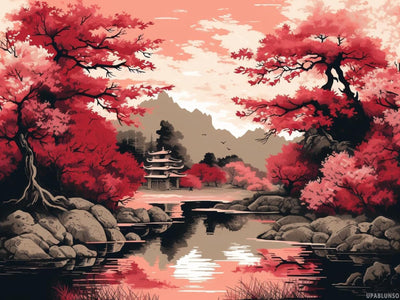 UPABLUNSO Red and Black Cherry Blossom Trees Japanese Landscape 5D Adult Diamond Art, DIY Diamond Art Painting Kit for Decor Canvas 12x16 inch