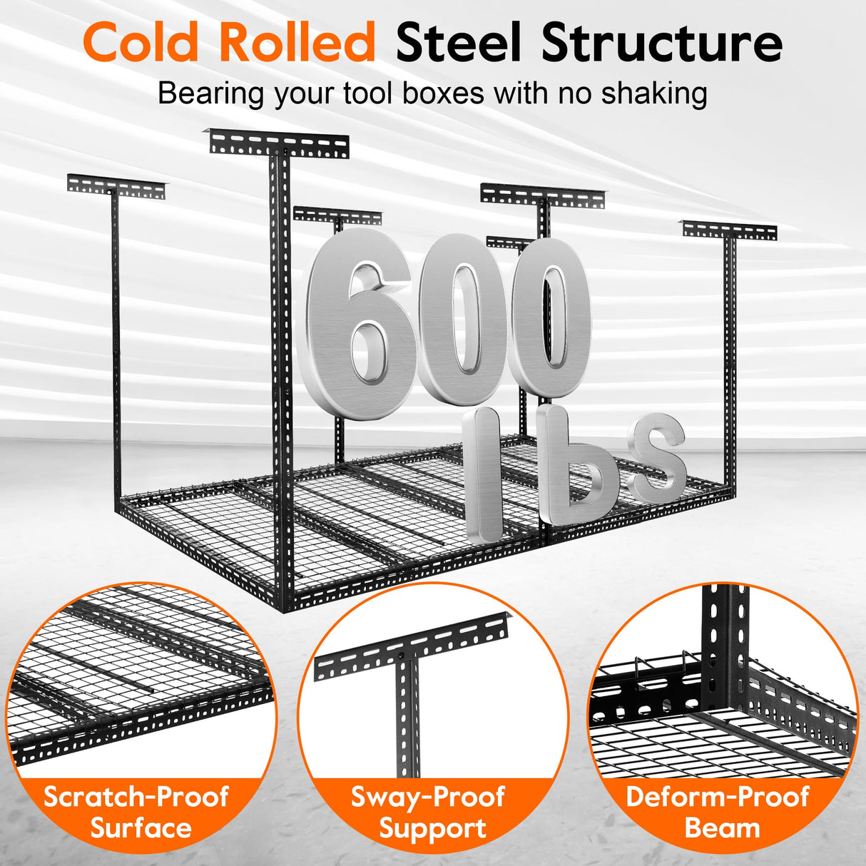 Rengue Overhead Garage Storage Rack, 4 x 8FT Height Adjustable Garage Ceiling Storage Racks, Heavy Duty Cold Rolled Steel Storage Rack for Garage, Warehouse with 4 Hooks Rengue