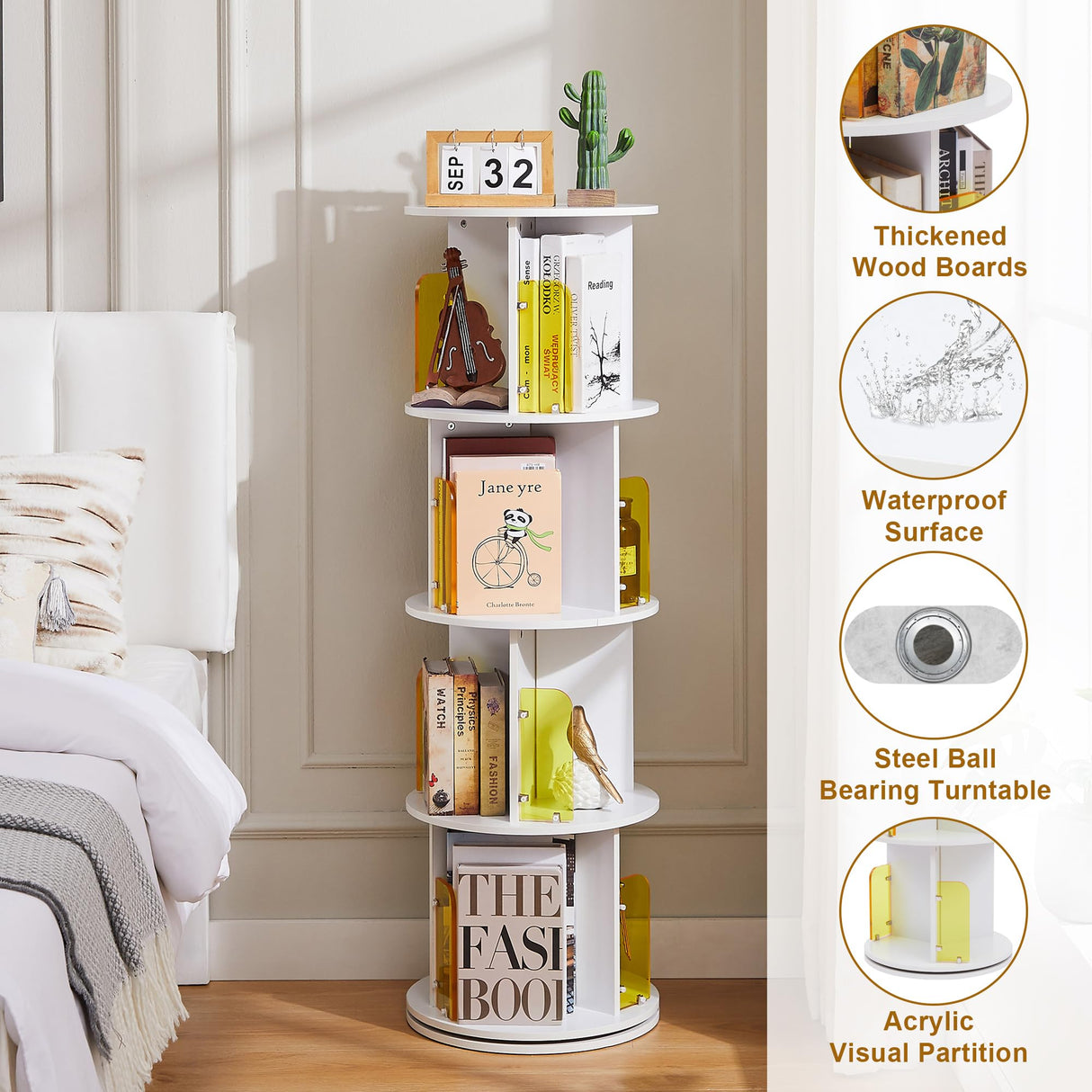 VECELO 4-Tier Rotating Bookshelf with Acrylic Windows - Elegant Pearl White Corner Storage Solution for Home and Office VECELO