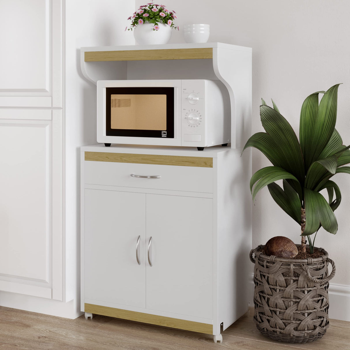 Lavish Home Microwave Stand with Storage – Rolling White Cabinet with Doors, Drawer, and Locking Wheels – Freestanding Wood Cart (White and Oak) Lavish Home