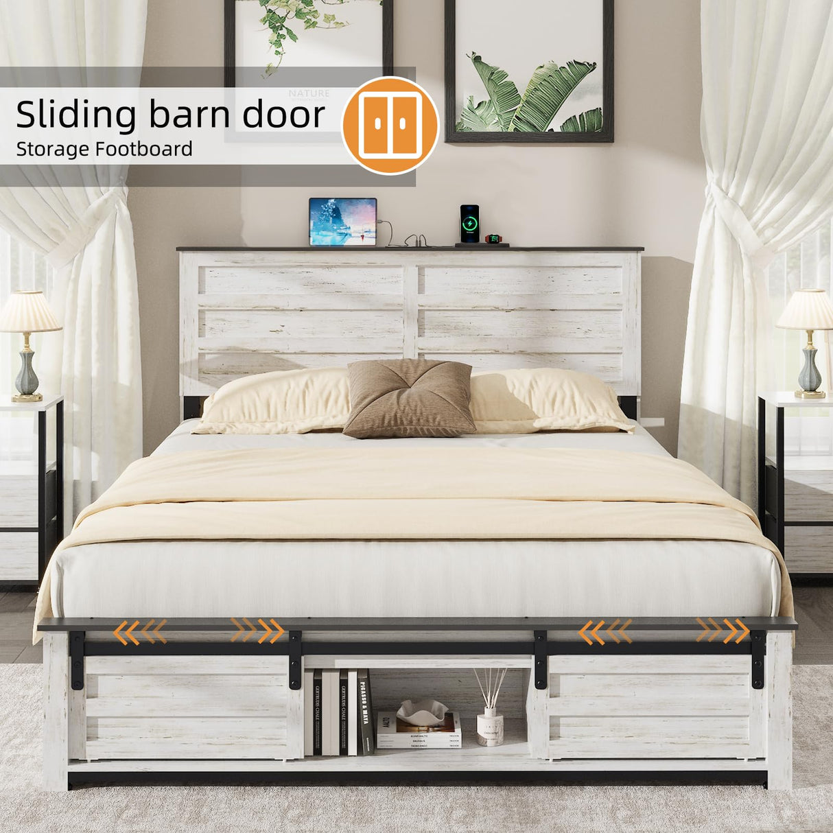 Wooden Full Size Bed Frame with Headboard – Boho White Rustic Farmhouse Storage Platform Bed with Charging Station & Sliding Barn Door Footboard, No Box Spring Needed, Noise-Free, Solid Wood Slats QNICE