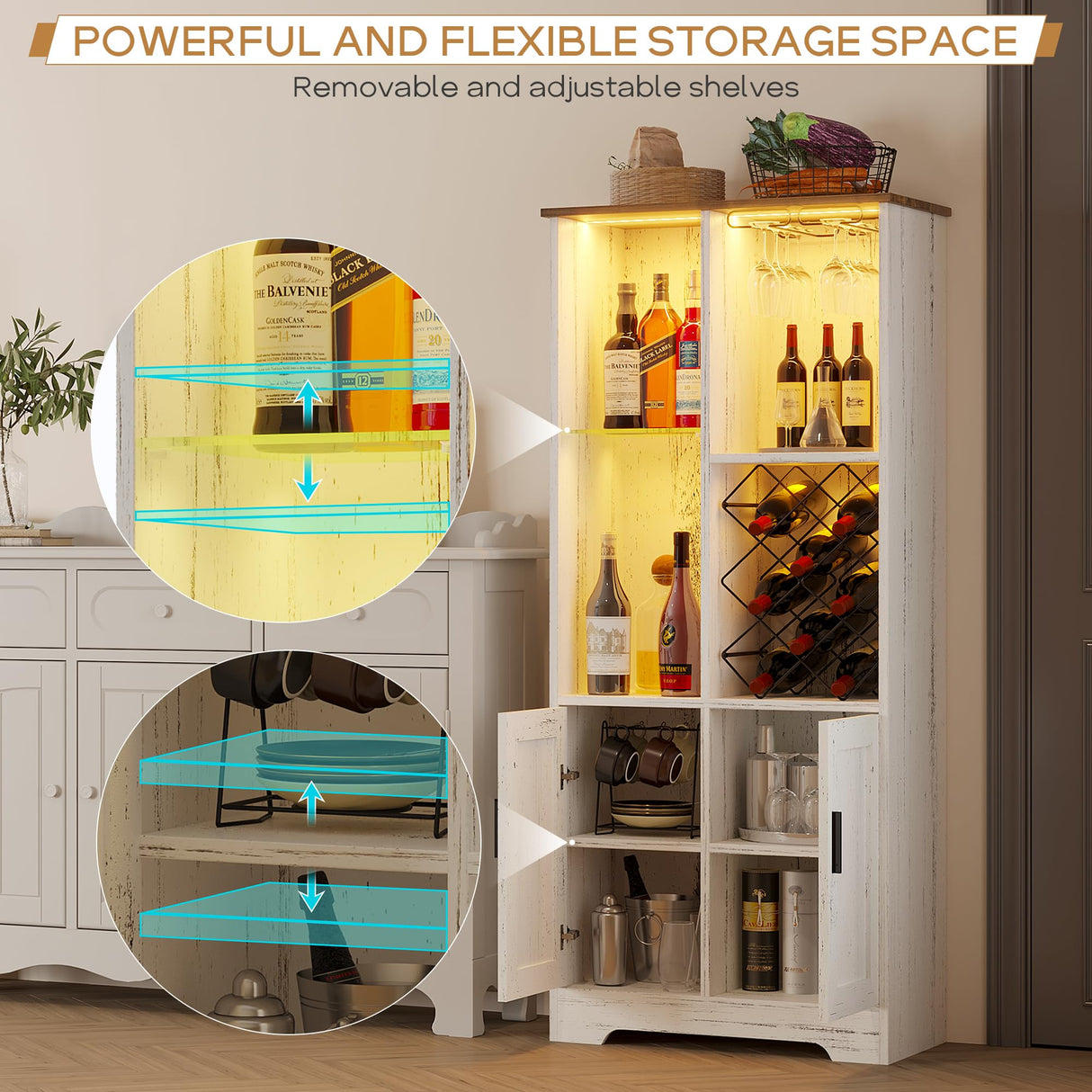 Kasibie Wine Cabinet, Wine Bar Cabinet with LED Lights, Liquor Cabinet with Glass Holder Wine Rack, Farmhouse Modern Liquor Cabinet with Storage for Home (Wood White) Kasibie