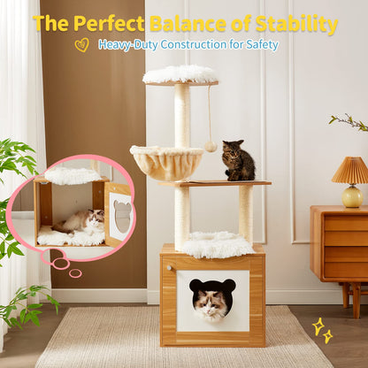 Made4Pets Cat Tree with Litter Box Enclosure, 2-in-1 Modern Cat Tower for Indoor Cats, 48.6" Wood Kitten Condo with Scratching Post and Hammock, Removable Scratch Pad for Large Cats - WoodArtSupply