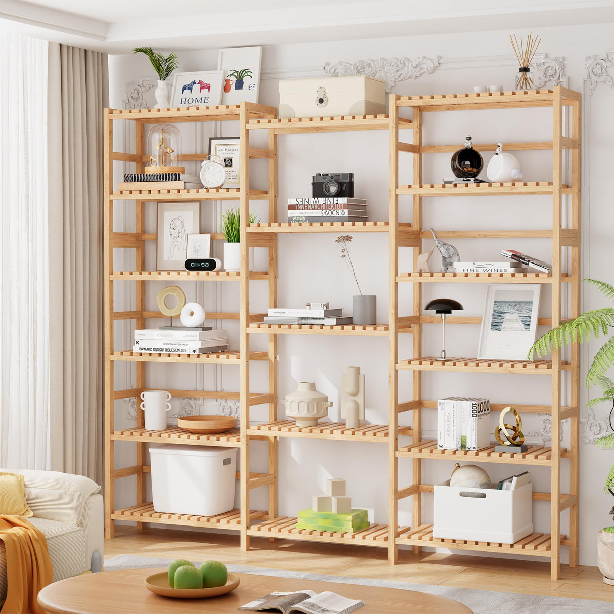 FOTOSOK Triple Wide 6-Tier Bookshelf and Bookcase,Large Freestanding Book Shelf with 17 Open Display Shelves, Tall Bookshelf Plant Flower Shelf Rack Storage Organizer Unit for Living Room, Natural FOTOSOK