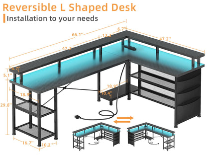 66" L Shaped Gaming Desk with Power Outlet and LED Lights, Reversible L Shaped Desk with Monitor Stand, Home Office Desk with Storage Shelves and Bag, Corner Desk with USB Port, Black Carbon Fiber