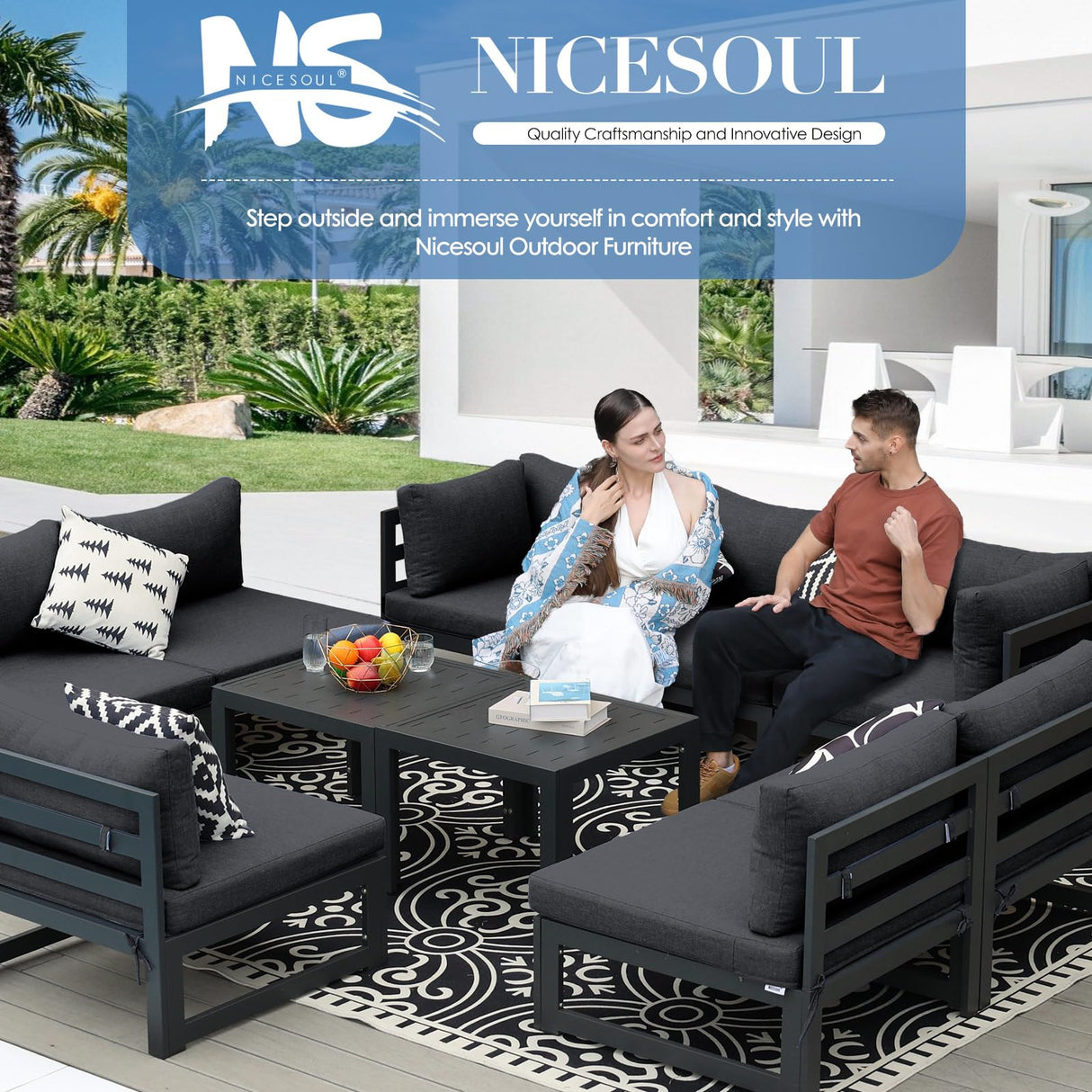 NICESOUL 8 Piece Modern Aluminum Patio Furniture Set Deep Seated, Extra Wide Modular Outdoor Sectional for 6 People, 500 lbs Heavy Duty L-Shaped Oversized Sofa Couch for Outside Backyard, Ember Black NICESOUL