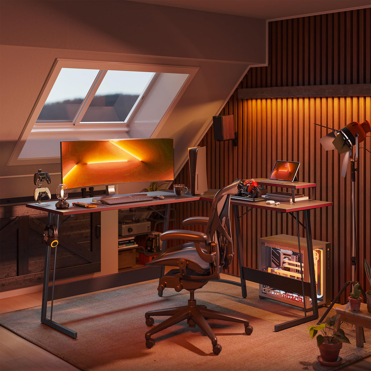 Cubiker L Shaped Desk, Computer Corner Desk, Gaming Desk with Monitor Stand, Home Office Study Writing Workstation, Space-Saving（47 Inch Black Carbon Fiber） Cubiker