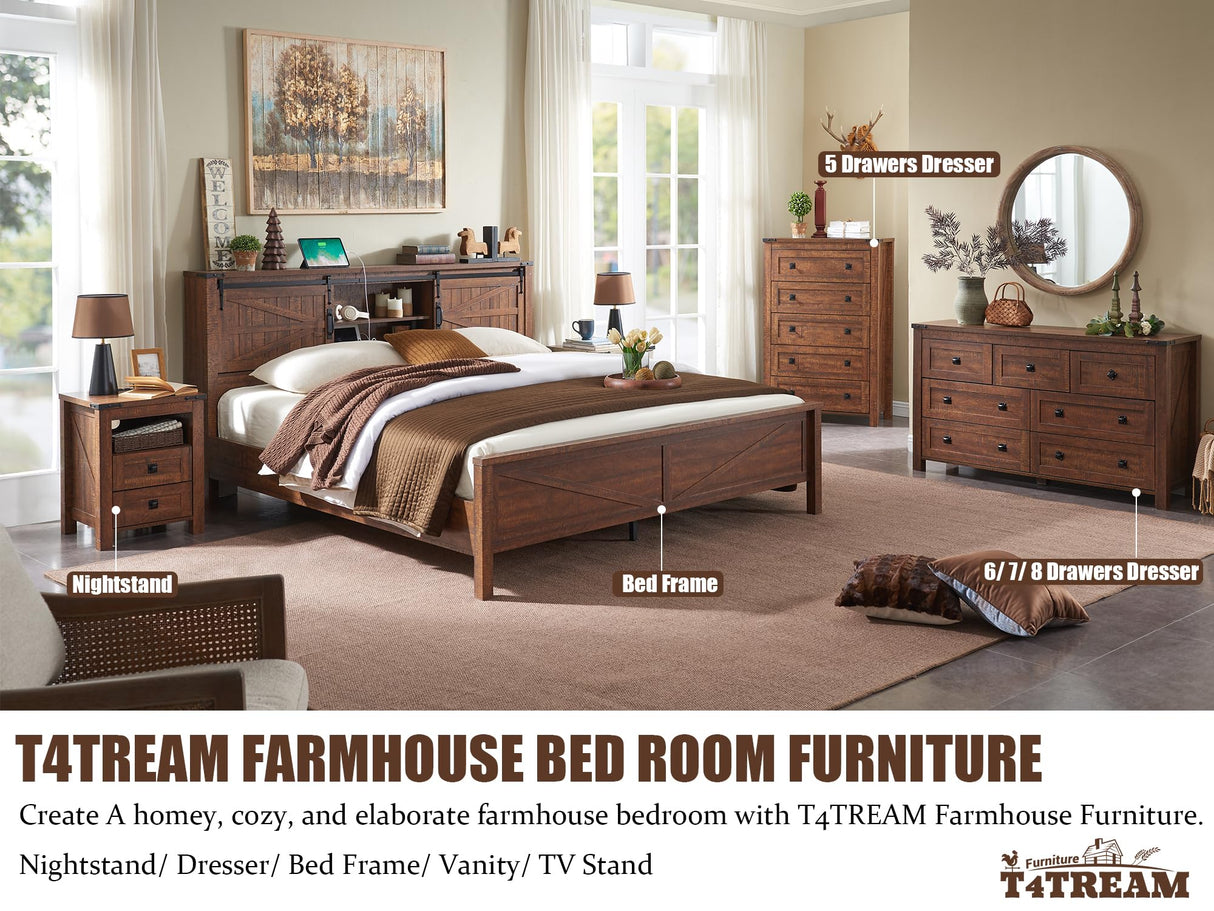 T4TREAM Nightstand wtih Charging Station, End Table, Side Table with 2 Drawers Storage Cabinet for Bedroom, Living Room, Farmhouse Design, Wood Rustic, Reclaimed Barnwood T4TREAM