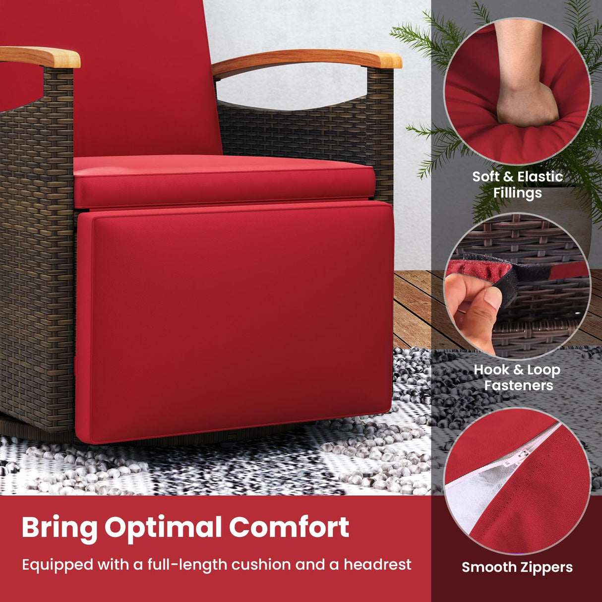 Tangkula Patio Rattan 360 Degree Swivel Recliner Chair, Wicker Lounge Chair w/Adjustable Backrest & Footrest, Cushioned Push Back Reclining Seat w/Flip Side Table for Porch, Yard, Lawn (Red,2) Tangkula