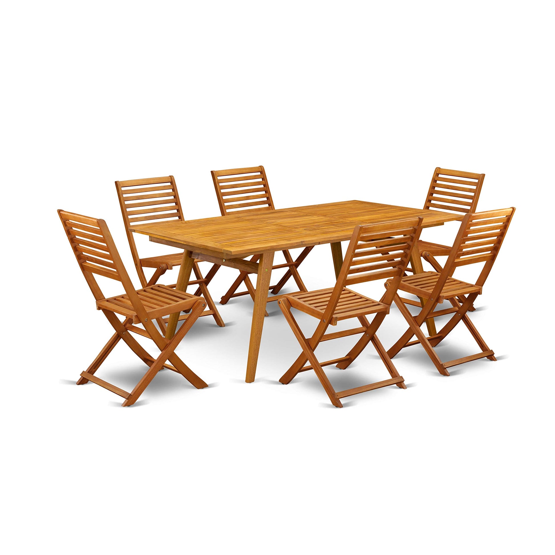 East West Furniture DEBS7CWNA 7-Piece Modern Set-6 Foldable Chairs Ladder Back and Outdoor Coffee Table and Rectangle Top with Wooden 4 Legs-Natural Oil Finish - WoodArtSupply