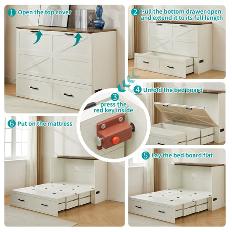 Tltaroni Murphy Bed Full Size Cabinet with Drawer Hidden Beds with Charging Station, Farmhouse Wood Space-Saving Hidden Folding Chest Cabinet Bed for Bedroom, Office, School，Rustic White Tltaroni