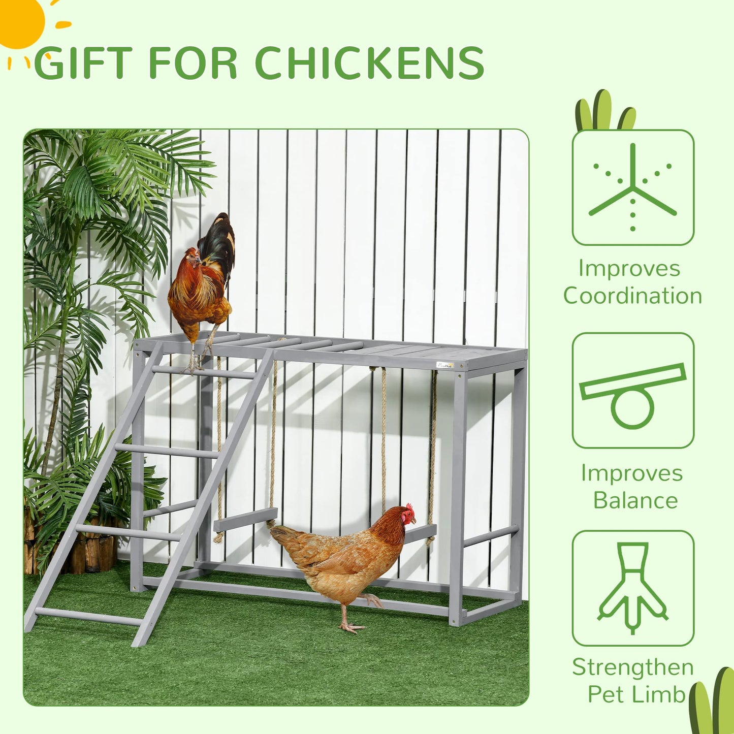 PawHut Chicken Activity Play with Swing Set for 3-4 Birds, Wooden Chicken Coop Accessory with Multiple Chicken Perches & Hen Ladder Gray