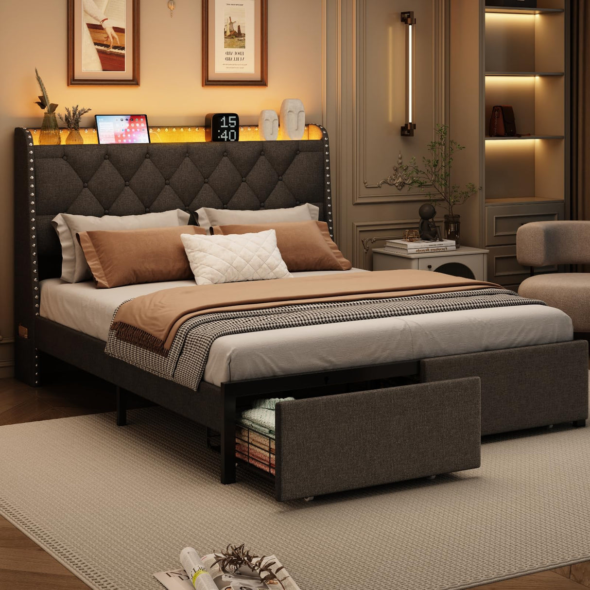 Queen Size Bed Frame with Storage Headboard and 2 Drawers, Upholstered Button Linen Platform Bed frame with Led Lights and Charging Station, No Box Spring Needed, Easy Assembly, Noise Free, Gray TIGUBFRE
