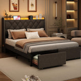 Queen Size Bed Frame with Storage Headboard and 2 Drawers, Upholstered Button Linen Platform Bed frame with Led Lights and Charging Station, No Box Spring Needed, Easy Assembly, Noise Free, Gray TIGUBFRE