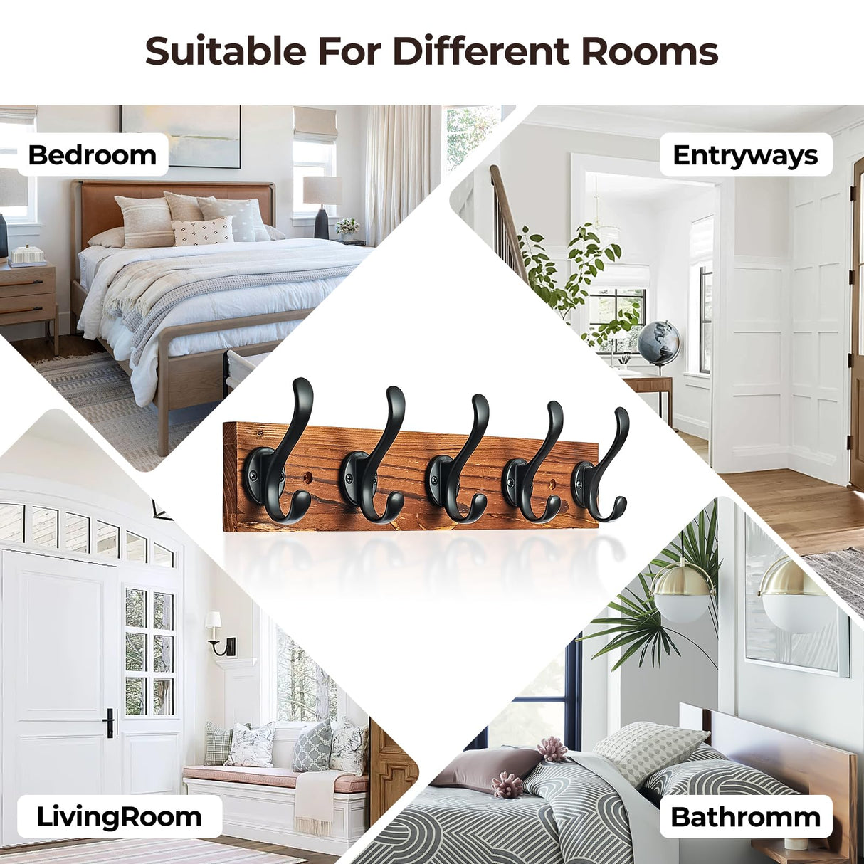 Hmsrjh Coat Rack Wall Mounted, Pre-Assembled 16" Wooden Hat Rack with 5 Hooks, Heavy Duty Rustic Farmhouse Wood Plank for Entryway, Bathroom - for Hanging Coats, Jackets, Hats, Bags, Backpacks Hmsrjh