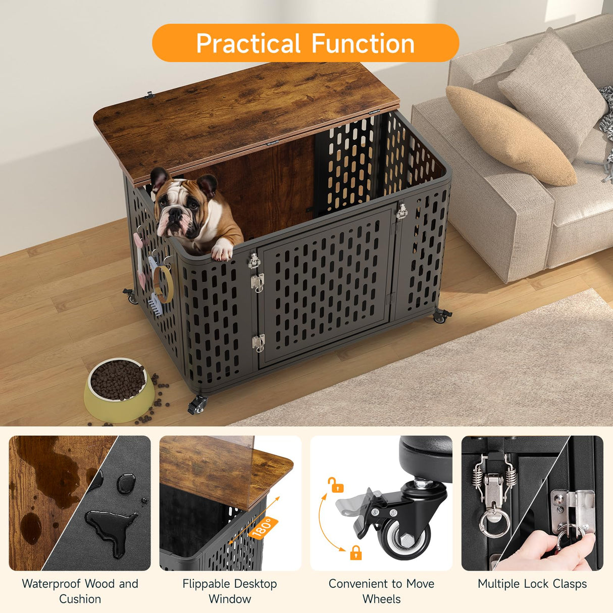 ONBRILL Dog Crate Furniture with Cushion, Wood Dog Kennel with Flexible Wheels and Multi-Purpose Dog Cage for Small/Medium Dogs, 38" Dog Kennel, Rustic Brown ONBRILL