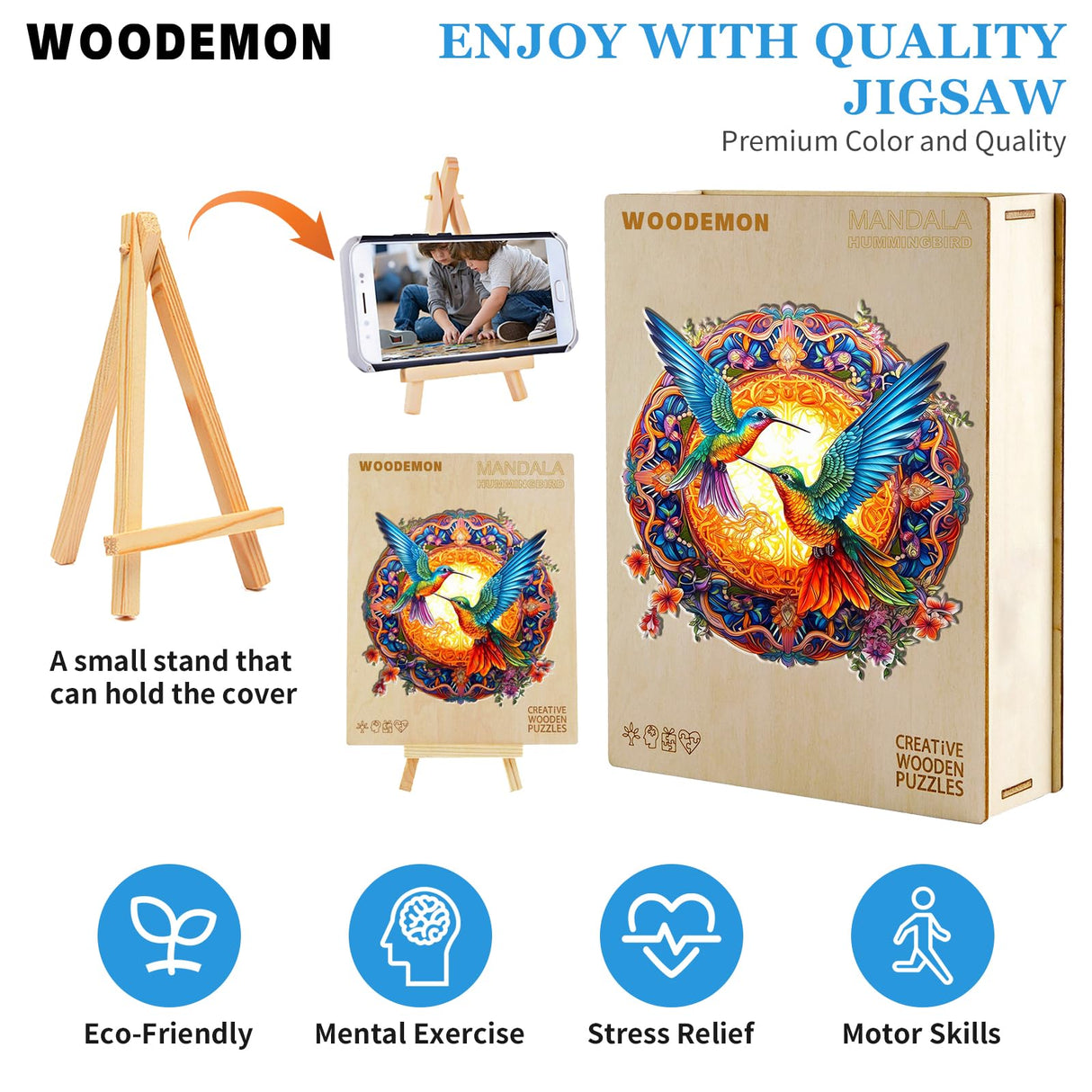 Woodemon Wooden Jigsaw Puzzles, Mandala Hummingbirds (200pcs-M-11.8 * 11.8in) Wooden Puzzles for Adults Kids, Unique Shape Animal Wood Puzzles Adults Christmas Puzzles Xmas Birthday Gifts Woodemon