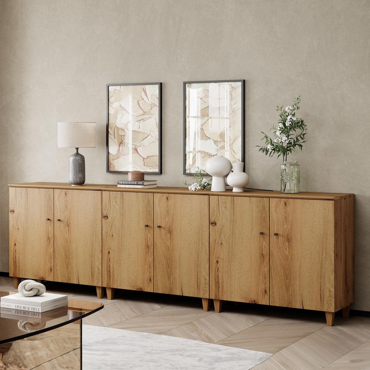 WAMPAT TV Stand Cabinets for 85+ Inches TVs, 3-in-1 Wood Entertainment Center with Doors and 9 Compartments, 106" Modern Media Console Table with Storage for Living Room Bedroom, Oak Brown WAMPAT