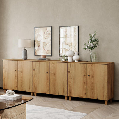 WAMPAT TV Stand Cabinets for 85+ Inches TVs, 3-in-1 Wood Entertainment Center with Doors and 9 Compartments, 106" Modern Media Console Table with Storage for Living Room Bedroom, Oak Brown