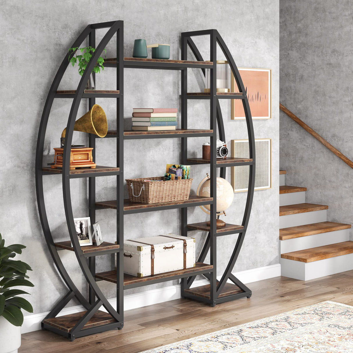 Tribesigns 55" Industrial Oval 5-Tier Bookcase - Triple Wide Etagere in Rustic Brown Tribesigns