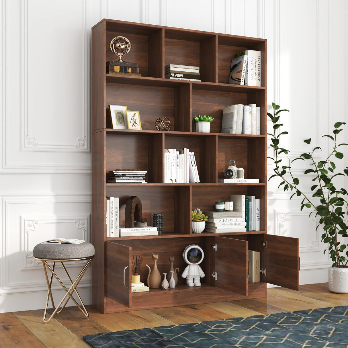 KEIKI 71" Tall Wooden Bookcase, Mid Century Modern Bookshelf with 5-Tier Storage, 3 Doors Open Style Display Shelf W/10 Cubes, Book Shelves Cabinet for Home Office Living Room, Brown KEIKI