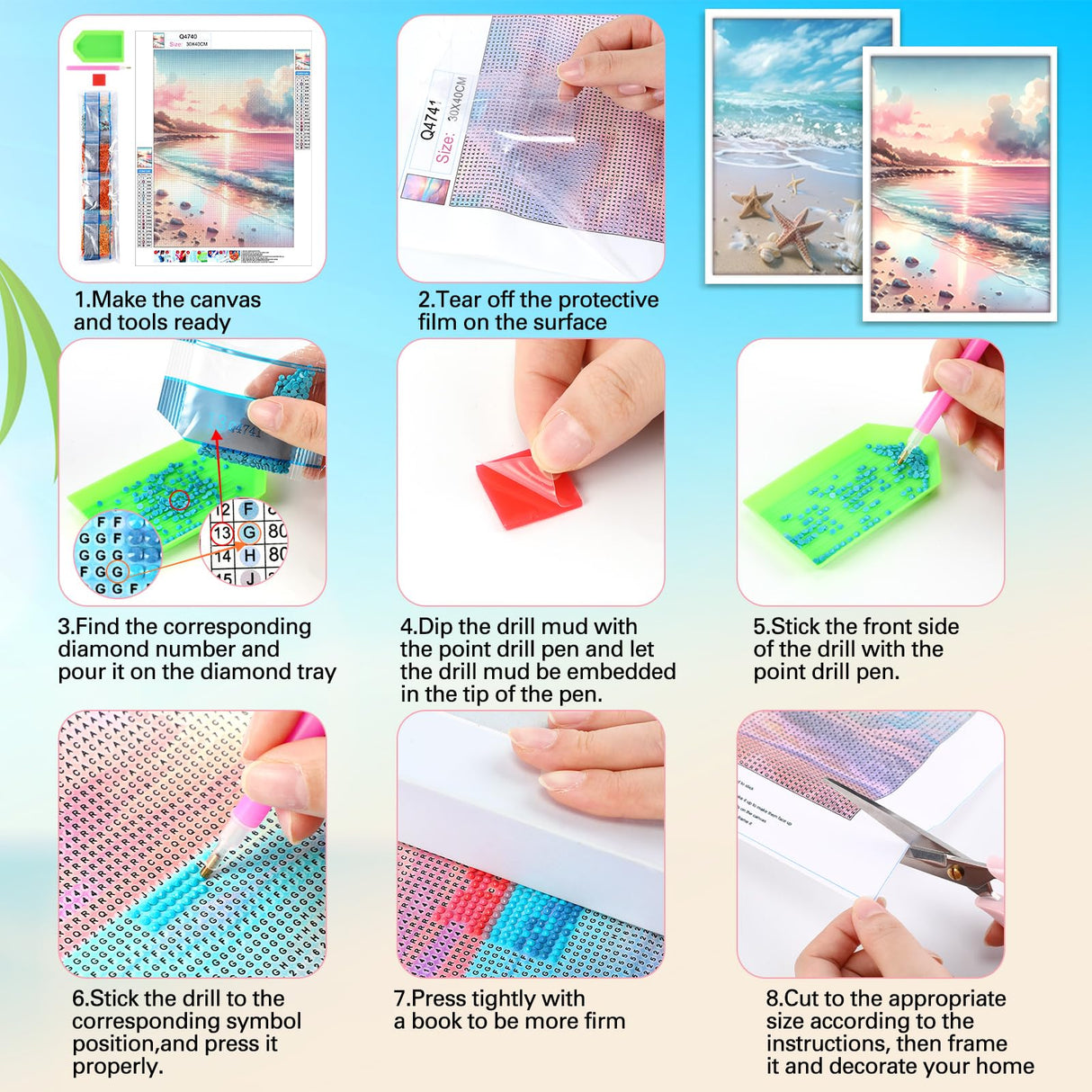 Frienda 6 Pcs Diamond Painting Kits 12 x 16 Inch DIY 5D Abstract Landscapes Diamond Art Full Round Drill Crafts for Adults Youth Beginners Numbers for Home Wall Decor Gifts (Pink Ocean) Frienda