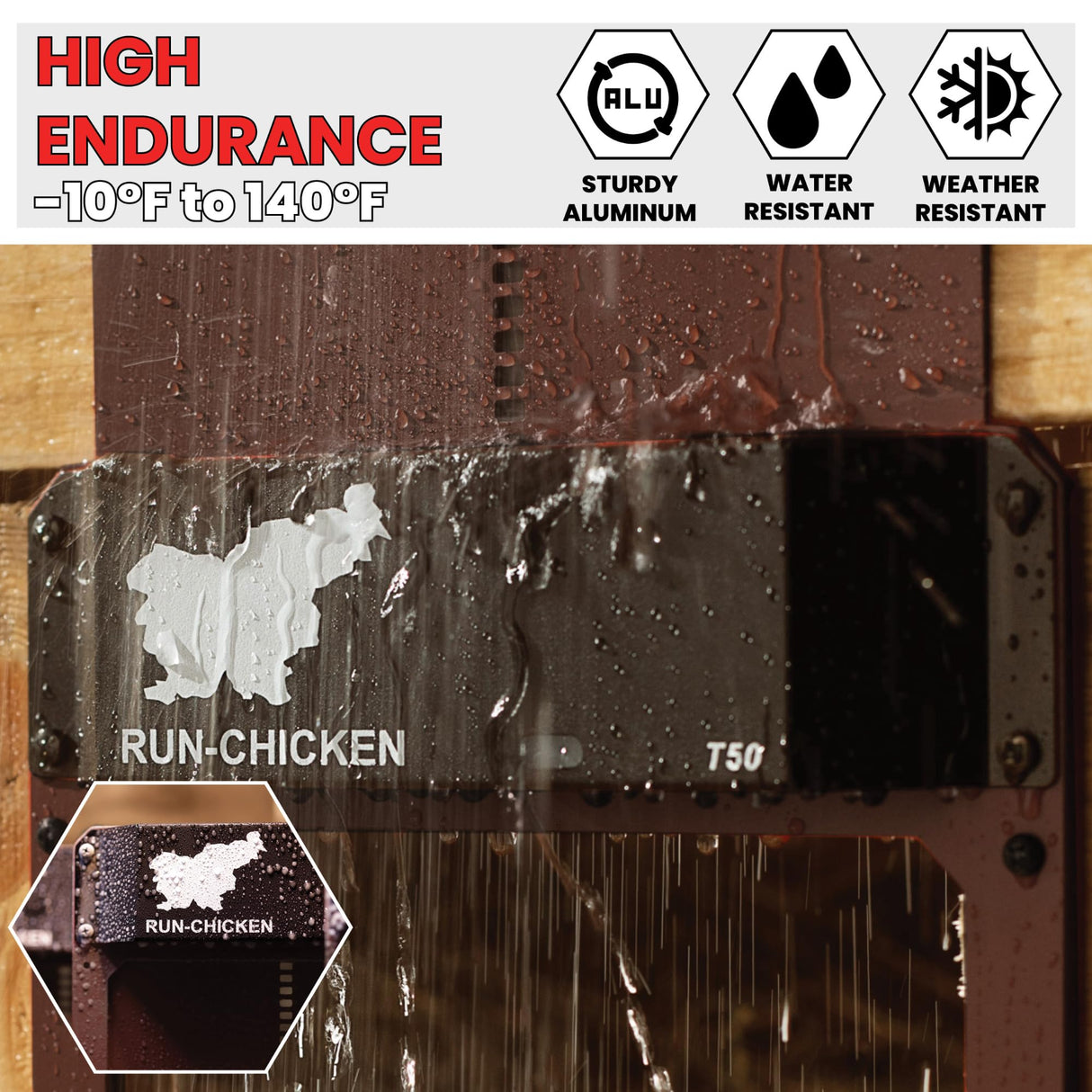 RUN-CHICKEN Door (Brown) Automatic Chicken Coop Door, Programmable with App, Battery Operated, Evening and Morning Delay, Aluminum Door, Electric Chicken Run Door, Model T50 RUN-CHICKEN