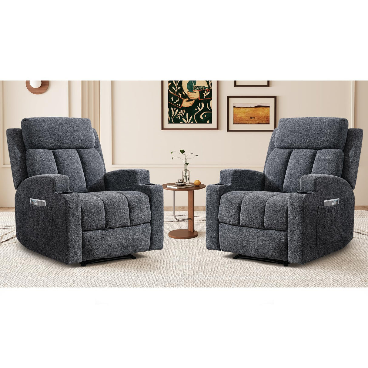CANMOV Manual Massage Heat Recliner Chair Set of 2,Soft Fabric Recliner Chair with Overstuffed Arm and Back, Manual Reclining Single Sofa with 2 Cup Holders, Side Pocket for Living Room,Dark Grey CANMOV
