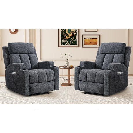 CANMOV Manual Massage Heat Recliner Chair Set of 2,Soft Fabric Recliner Chair with Overstuffed Arm and Back, Manual Reclining Single Sofa with 2 Cup Holders, Side Pocket for Living Room,Dark Grey CANMOV