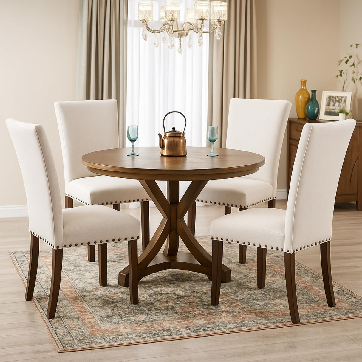 Set of 6 Beige Upholstered Dining Chairs, Farmhouse Kitchen Chairs with High Back, Solid Rubberwood Legs, Comfortable Padded Foam Seat, Bronze Nailhead Trim, Dining Room Chairs for Large Families COLAMY