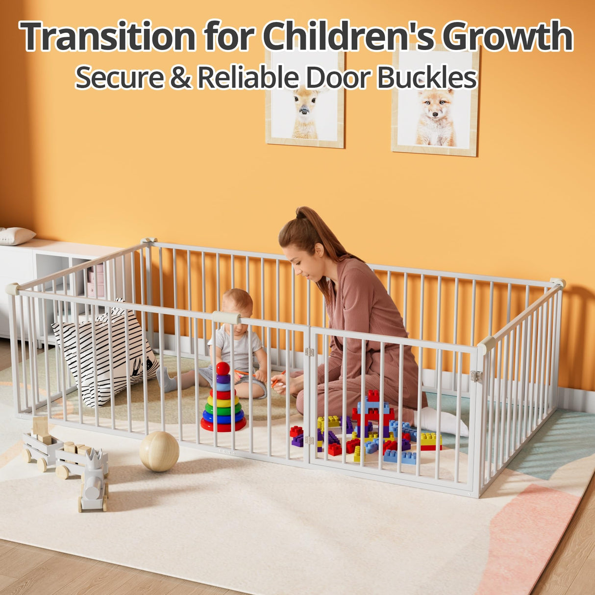 TURRIDU Twin Floor Bed for Child, Metal Montessori Bed Frame with Safety Guardrails & Door, Montessori Floor Bed Frame with Anti-Collision Cotton for Girls and Boys, No Box Spring Needed, White TURRIDU