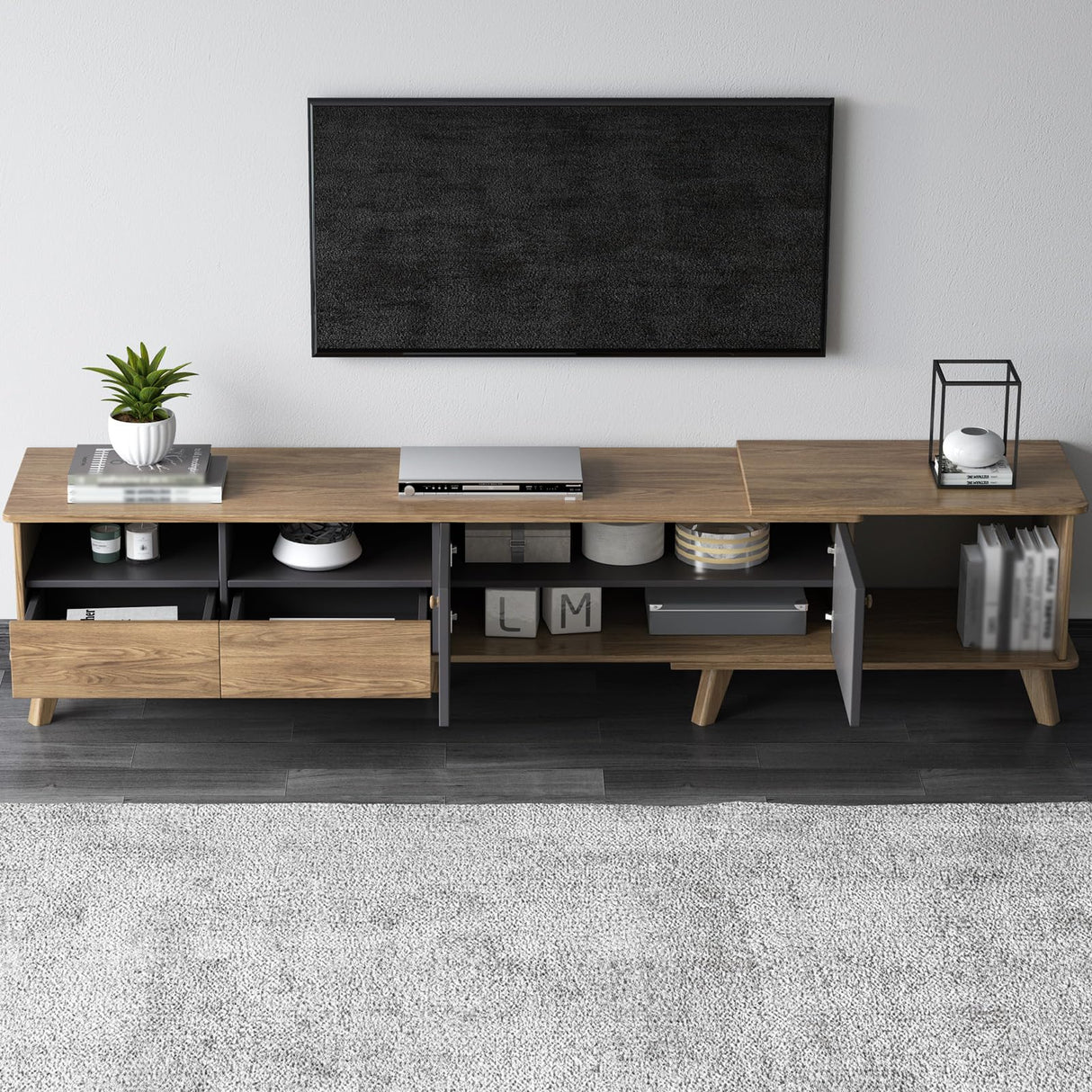 GlimBiz Extendable TV Stand, Mid Century Modern TV Stand for 55/60/65 inch TV, Farmhouse TV Stand, Entertainment Center with Storage, TV and Media Consol for Living Room GlimBiz