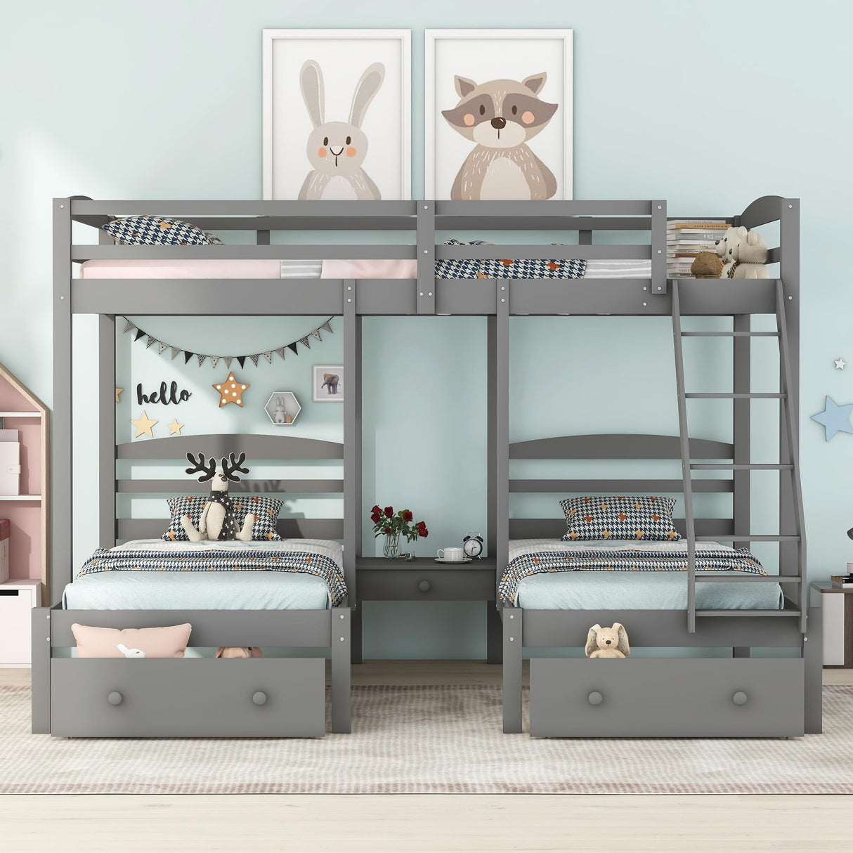 Harper & Bright Designs Triple Bunk Beds with Drawers and Guardrails,Full Over Twin & Twin Bunk Bed with Storage, Wooden Triple Bunk for Kids, Teens,Girls Boys (Gray with Drawers) Harper & Bright Designs