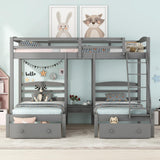 Harper & Bright Designs Triple Bunk Beds with Drawers and Guardrails,Full Over Twin & Twin Bunk Bed with Storage, Wooden Triple Bunk for Kids, Teens,Girls Boys (Gray with Drawers) Harper & Bright Designs