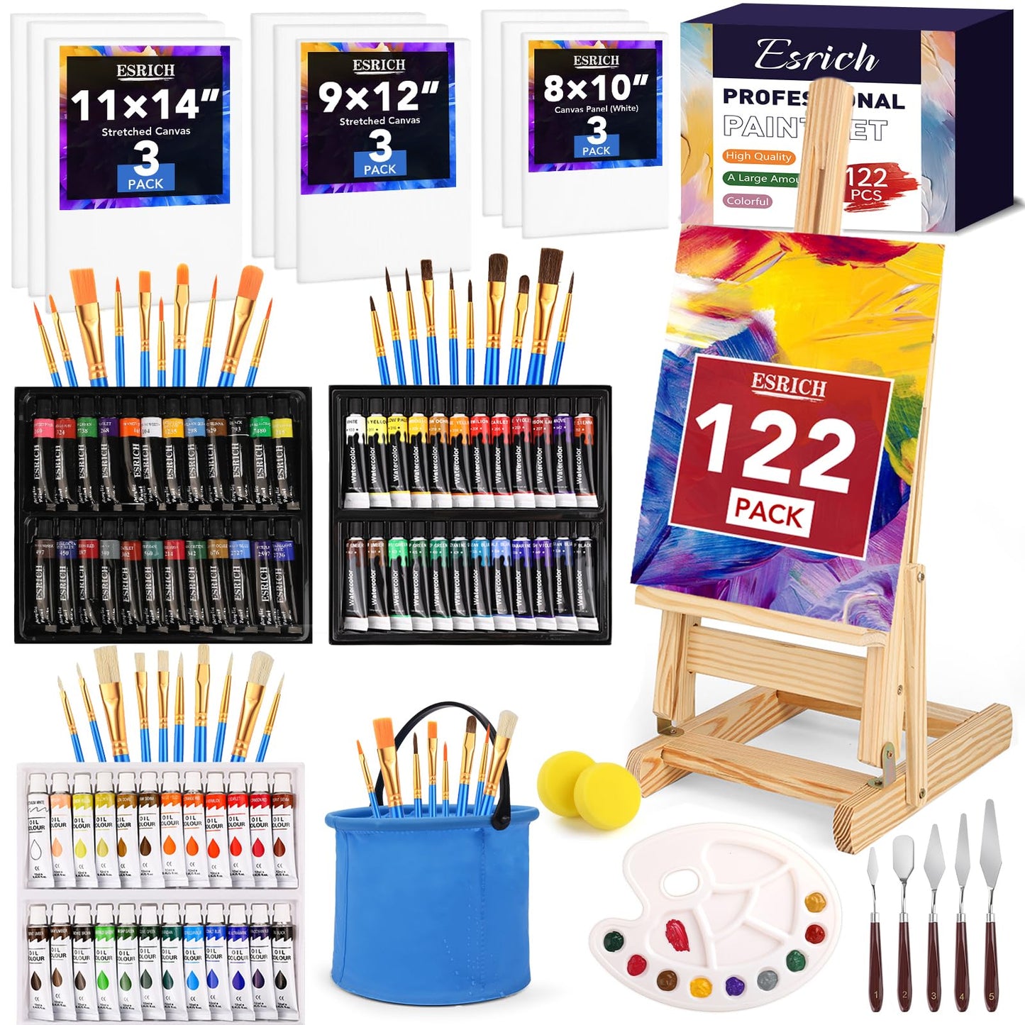 ESRICH 122PCS Professional Painting Set with 1 Wood Easel,72Colors (24 Acrylic Paint, 24 Watercolor,24 Oil) Paint Set, Brushes, Canvases, Painting Supplies Kit for Kids,Students, Artists and Beginner