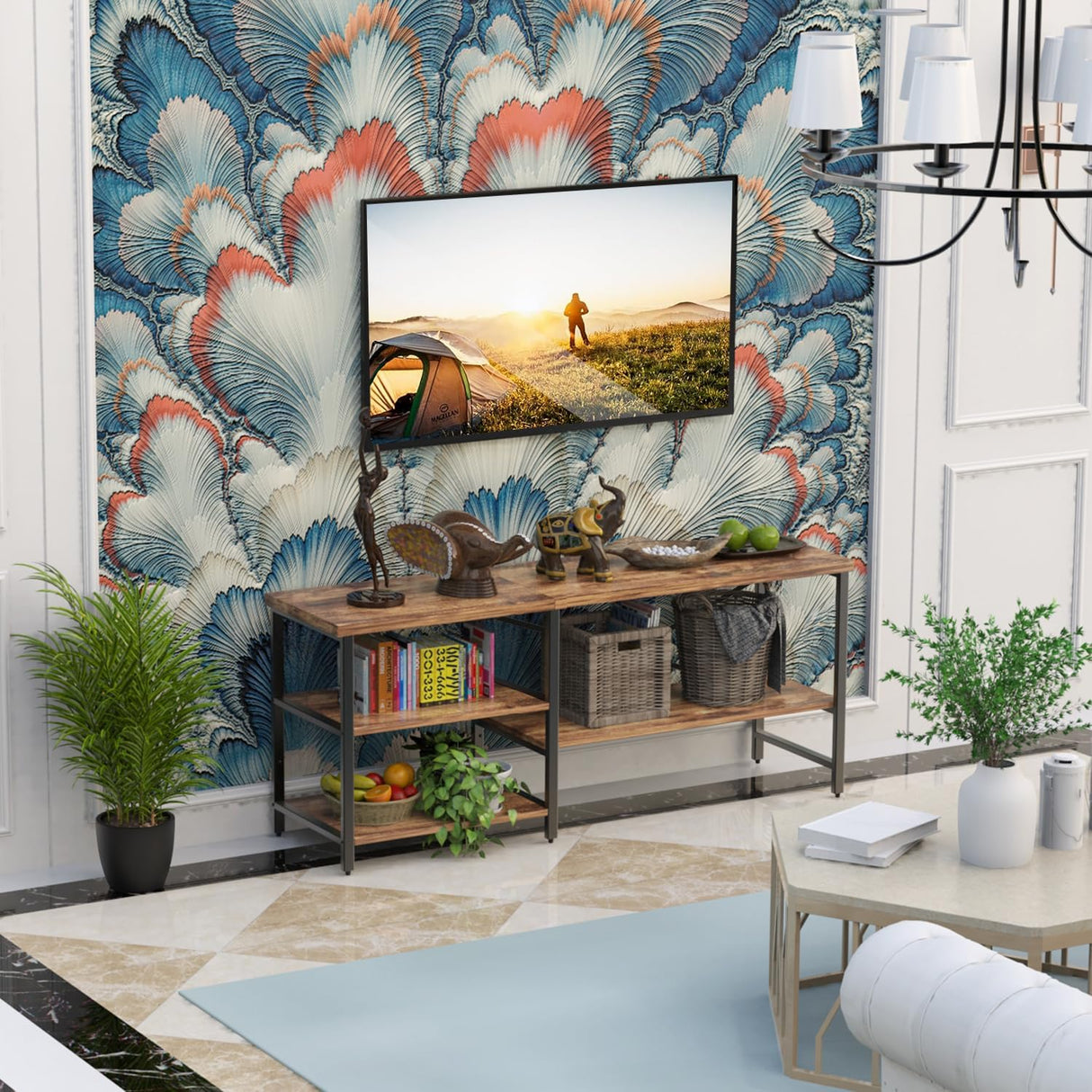 55 Inch TV Stand for TVs up to 70 Inch TV, Modern Entertainment Center with Open Storage Shelves, TV Media Console Table for Living Room, Rustic Brown CJMM