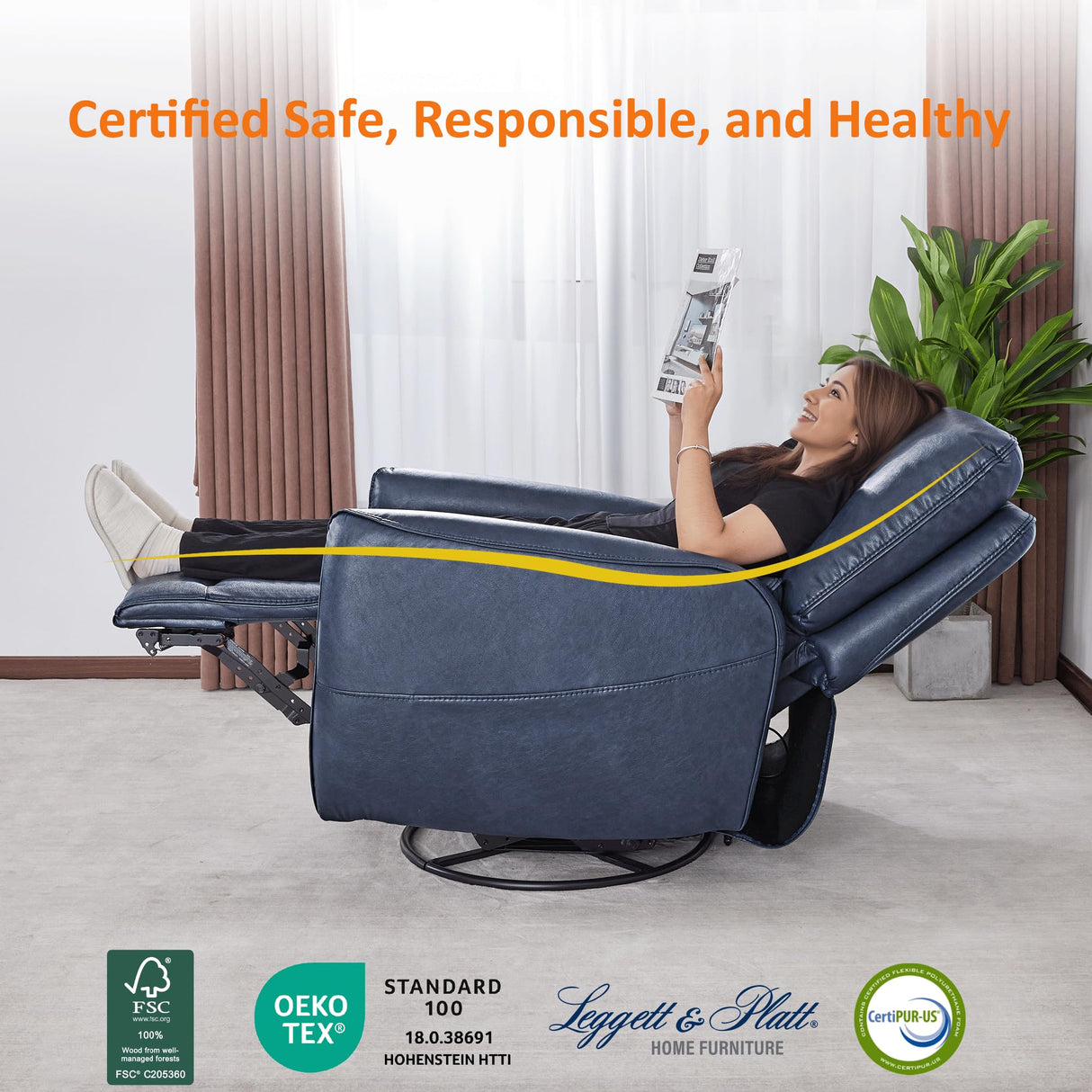 MCombo Power Swivel Rocker Recliner with Lumbar Support, Faux Leather Electric Nursery Glider Recliner Chair for Adults, 6922 (Navy Blue) MCombo